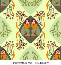 Vector seamless repeating cute pattern of little cartoon style girls in a folk art setting in orange, green and red on a lemon background. Sweet and quirky design, great for girl’s surface prints.