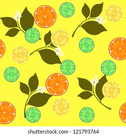 Vector seamless repeating design with citrus fruits and branch with leafs, flowers