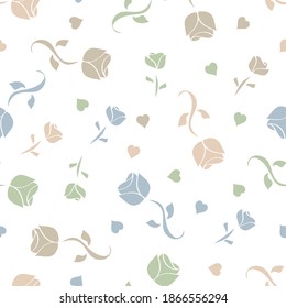 Vector seamless repeating falling flowers design with hearts in pastel dusky pink, blue and green. Pretty scattered floral on white makes a delicate and pretty design great for wedding or new baby