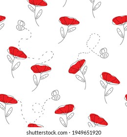 Vector seamless repeating hand drawn bees and flowers. Beautiful design for your textile, paper, cards, web page background. Vector seamless pattern.