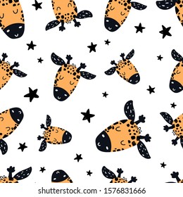 Vector seamless repeating hand-drawn color cute childish pattern with funny giraffes and stars in Scandinavian style on a white background. Childish pattern with cute animals.