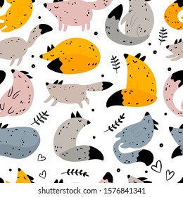 Vector seamless repeating hand-drawn color childish cute pattern with funny foxes and hearts in Scandinavian style on a white background. Childish pattern with cute animals. Multi-colored foxes.