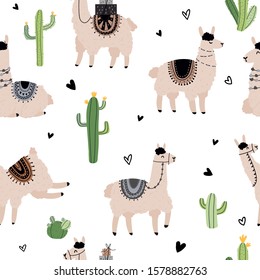 Vector seamless repeating hand-drawn color children's cute pattern with funny lamas, cacti and hearts in Scandinavian style on a white background. Pattern with llama and alpacas. 