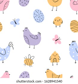 Vector seamless repeating hand-drawn color children's spring easter pattern with hens, chickens, easter eggs and butterfly in scandinavian style on a white background. Seamless easter pattern. Spring.