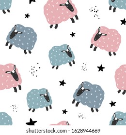 Vector seamless repeating hand-drawn color kids flat pattern with cute lambs, dots and stars in Scandinavian style on a white background. Baby seamless pattern with sheep. Cute baby animals.