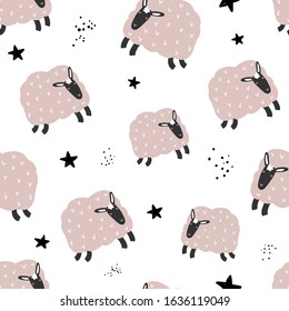 Vector seamless repeating hand-drawn color kids flat pattern with cute lambs, dots and stars in Scandinavian style on a white background. Baby seamless pattern with sheep. Cute baby animals.