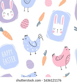 Vector seamless repeating hand-drawn color children's spring easter pattern with bunnies, hens, easter eggs and carrots in scandinavian style on a white background. Seamless easter pattern. Spring.