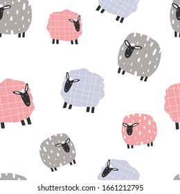 Vector seamless repeating hand-drawn color kids flat pattern with cute lambs in Scandinavian style on a white background. Baby seamless pattern with sheep. Cute baby animals.