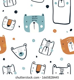 Vector seamless repeating hand-drawn color childish pattern with cute scandinavian style bears on a white background. Seamless kids scandy pattern. Cute animals. Baby pattern with animals.