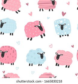 Vector seamless repeating hand-drawn color kids flat pattern with cute lambs and hearts in Scandinavian style on a white background. Baby seamless pattern with sheep. Cute baby animals.