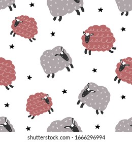 Vector seamless repeating hand-drawn color kids flat pattern with cute lambs and stars in Scandinavian style on a white background. Baby seamless pattern with sheep. Cute baby animals.