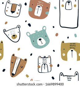 Vector seamless repeating hand-drawn color childish pattern with cute scandinavian style bears on a white background. Seamless kids scandy pattern. Cute animals. Baby pattern with animals.