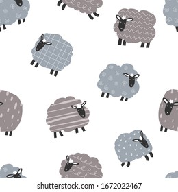Vector seamless repeating hand-drawn color kids flat pattern with cute lambs in Scandinavian style on a white background. Baby seamless pattern with sheep. Cute baby animals. Sheep pattern