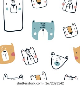 Vector seamless repeating hand-drawn color childish pattern with cute scandinavian style bears on a white background. Seamless kids scandy pattern. Cute animals. Baby pattern with animals.

