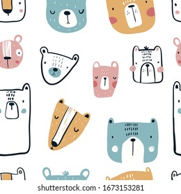 Vector seamless repeating hand-drawn color childish pattern with cute scandinavian style bears on a white background. Seamless kids scandy pattern. Cute animals. Baby pattern with animals.
