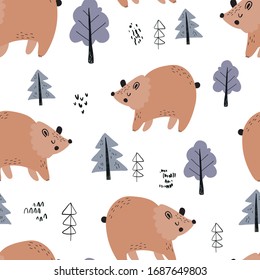 El vector repite a la perfección el patrón infantil a mano con adorables osos de estilo escandinavo sobre un fondo blanco. Patrón de escándalo de niños sin problemas.Animales cocidos. Patrón de bebé con animales.
