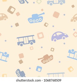 vector seamless repeating illustration children's pattern tank, car, bus, transport