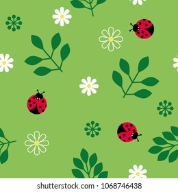 vector seamless repeating illustration floral pattern leaves flowers ladybug