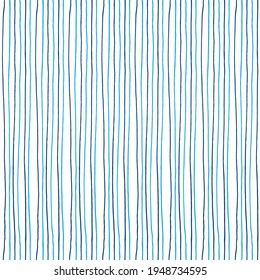 Vector seamless repeating ornament of vertical blue lines on a white background.Hand-drawn simple grunge rough sketch pattern. Template for the design of wallpaper, wrapping, printing on fabric, paper