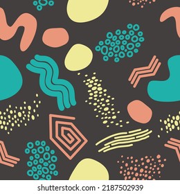 Vector seamless repeating pattern: abstract shapes of different colour isolated on the white background. Contemporary wallpaper, poster, packaging, fabric design.