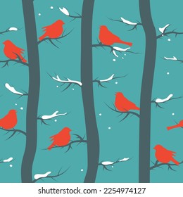 vector seamless repeating pattern with birds and trees. winter season decoration with red bird symbols, tree trunks and snow for happy new year and merry christmas illustrations