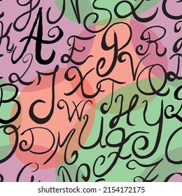 Vector seamless repeating pattern with black letters on a background of green, orange-red and lilac balls.