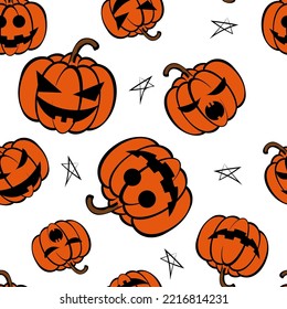 Vector. Seamless repeating pattern of cartoon pumpkin. Thanksgiving, Halloween concept. Seasonal print for textiles, holiday background, gift wrapping, invitations. Autumn concept, plant compositions.