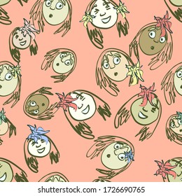 Vector seamless repeating pattern of cute funny girl faces in a messy cartoon style on a coral pink background. A fun and humorous design good for kid’s projects and decor.