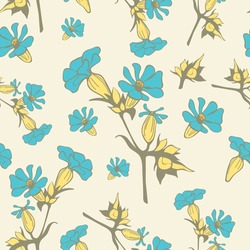 Vector Seamless Repeating Pattern Design With Romantic Small Blue Flowers On Light Yellow Background. Suitable For Fabric, Prints, Textile, Bookscrapping, Kitchen, Bedding, Apparel, Home Decor.