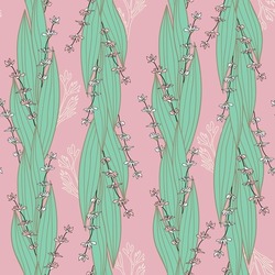 Vector Seamless Repeating Pattern Design With Romantic Green Leaves And Small White Blossom On Pink Background. Suitable For Fabric, Print, Textile, Bookscrapping, Home Decor, Bedding, Wallpaper