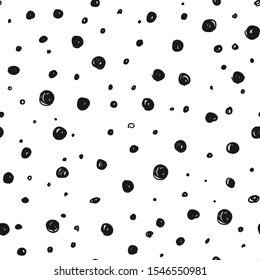 Vector seamless repeating pattern with drawn drawn dots and circles. Black and white seamless simple pattern with dots. Black dots on a white background. Polka dot background.