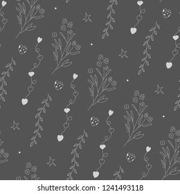 Vector seamless repeating pattern made of plants and hearts. White on dark background. Can be used for wallpaper, pattern fills, web page, background, surface textures, invitation card, fabric.