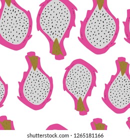 Vector seamless repeating pattern with pink pitayas isolated on white background. Exotic tropical dragon fruit. Hand drawn pitahaya clip art.