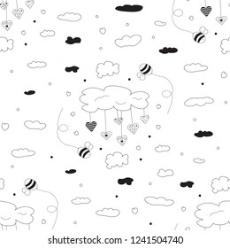 Vector seamless repeating pattern. Set of hand-drawn hearts floating in the sky with clouds. Isolated on white background. Black on white. Children pattern. Can be use on kids wallpaper