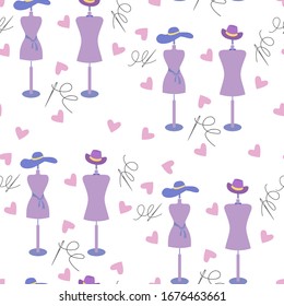 Vector seamless repeating pattern with sewing accessories and mannequins, for fabric and craft projects, gift wrapping or wallpaper. 