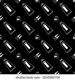 Vector seamless repeating simple pattern with tubes, ampoules with drug, jar with medicine on a black background. Vector illustration for fabric, textile, poster, wrapper, card, clothes