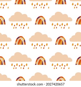 Vector seamless repeating simple pattern with hand drawn raining cloud and scandinavian rainbow
