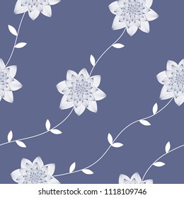 Vector seamless, repeating texture patterns with flowers and leaves. Monochromatic jeans blue