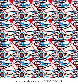 Vector Seamless Retro 80's Jumble Geometric Line Shapes Blue Red Color Hipster Pattern on white ct Background eps10