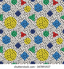 Vector Seamless Retro 80's Jumble Black Ellipses And Color Polygons Pattern on  White Abstract Background