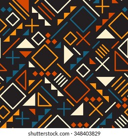 Vector Seamless Retro 80's  Jumble Geometric Line Shapes Teal Orange Color Pattern on Black Abstract  Background