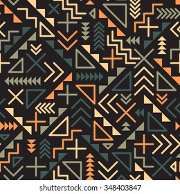 Vector Seamless Retro 80's  Jumble Geometric Line Shapes Green Orange Color Pattern on Black Abstract  Background