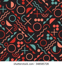 Vector Seamless Retro 80's  Jumble Geometric Line Shapes Pink Blue Color Hipster Pattern on Black Abstract Background