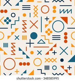 Vector Seamless Retro 80's  Jumble Geometric Line Shapes Tela Orange Color Pattern on White Abstract Background