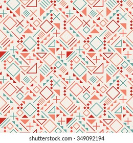 Vector Seamless Retro 80's  Jumble Geometric Line Shapes Blue Red Color Hipster Pattern on Grey Abstract Background