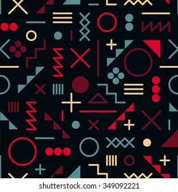 Vector Seamless Retro 80's  Jumble Geometric Line Shapes Pink Blue Color Hipster Pattern on Black Abstract Background