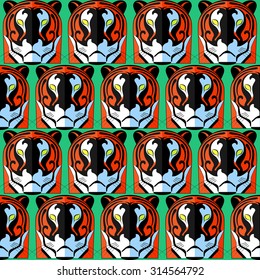 vector seamless retro colored pattern with tiger faces. art nouveau style