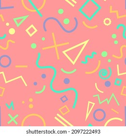 Vector seamless retro comic memphis pattern with geometric elements. Colorful abstract modern geometric background.