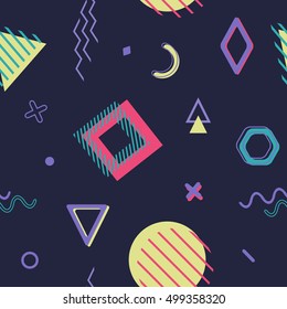 Vector seamless retro comic memphis pattern with geometric elements. Chaotic trendy geometry in minimalistic flat style. Suitable for posters, covers, prints.