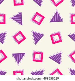 Vector seamless retro comic memphis pattern with geometric elements. Chaotic trendy geometry in minimalistic flat style. Suitable for posters, covers, prints.